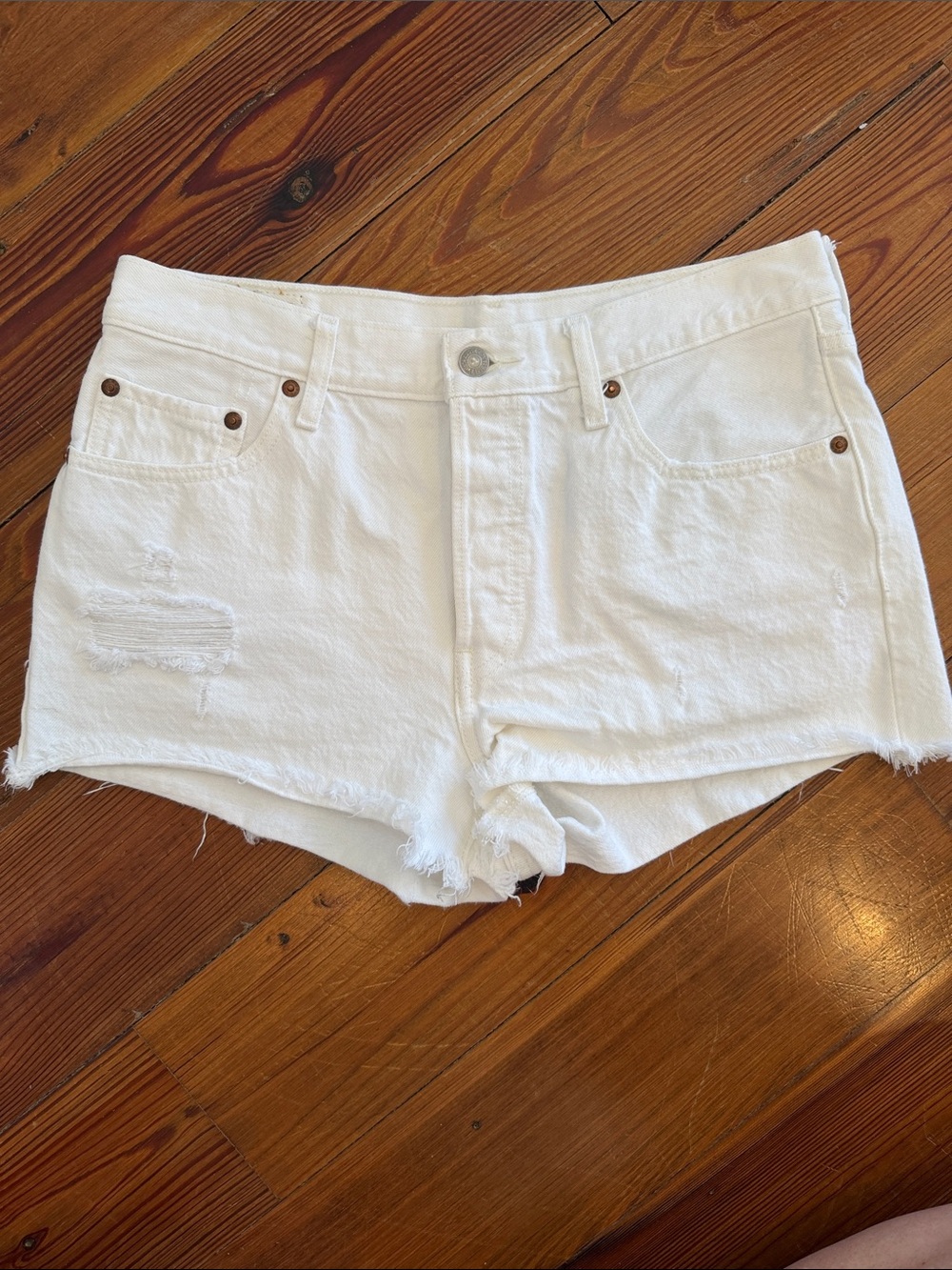 Levi's 501 White Frayed Hem Distressed Denim Shorts